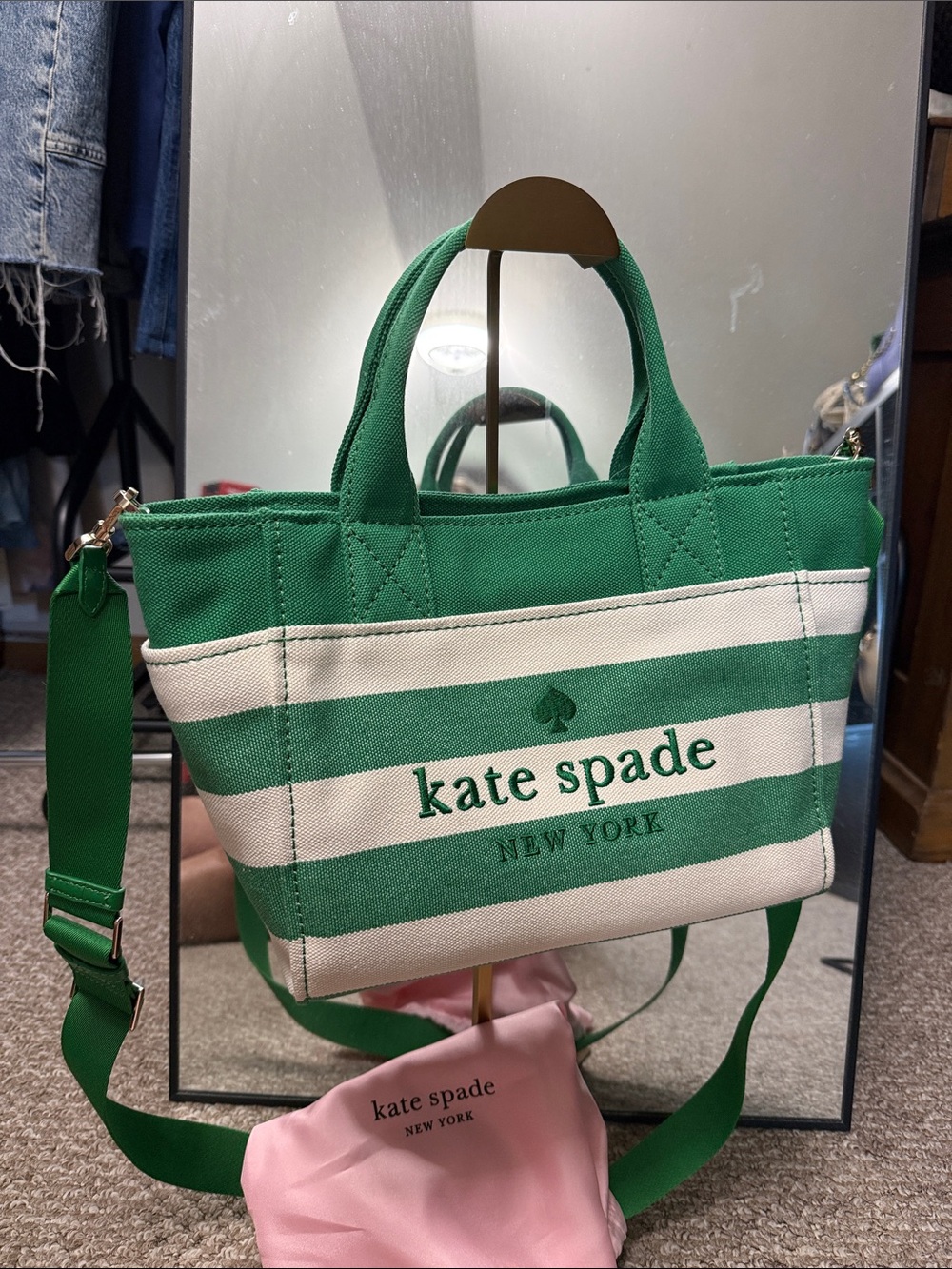 kate spade Green and White Striped Canvas Tote with Removable Strap and dust bag